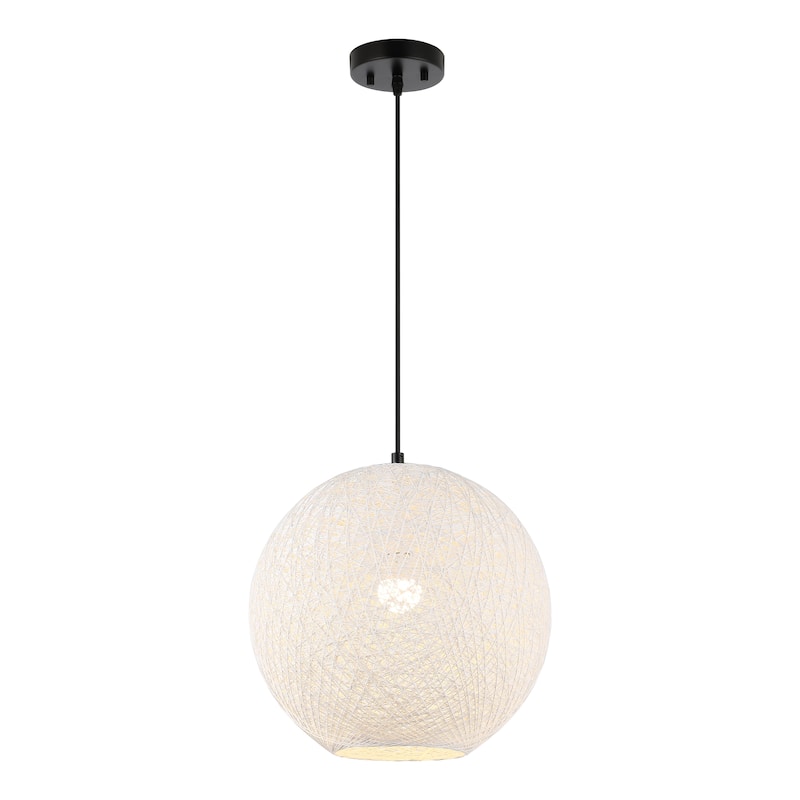 Louisa 1-Light Bohemian Minimalist Iron/Rope Woven Globe LED Pendant, White/Black by JONATHAN Y - 16"