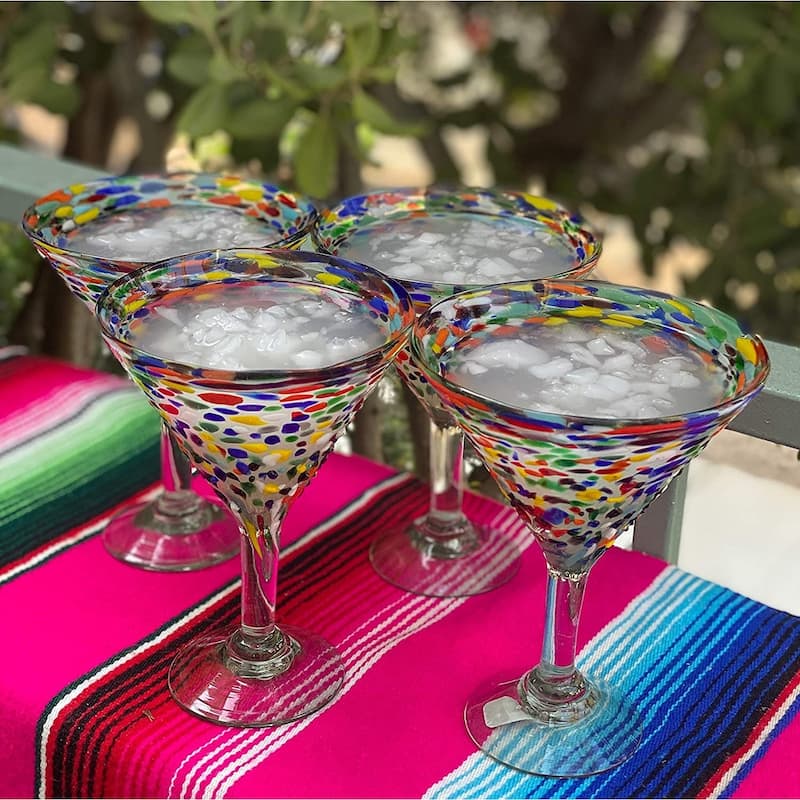 Dos Sueños Mexican Hand Blown Glass - Set of 4 Hand Blown Modern Margarita Glasses - Confetti Rock (12 oz)