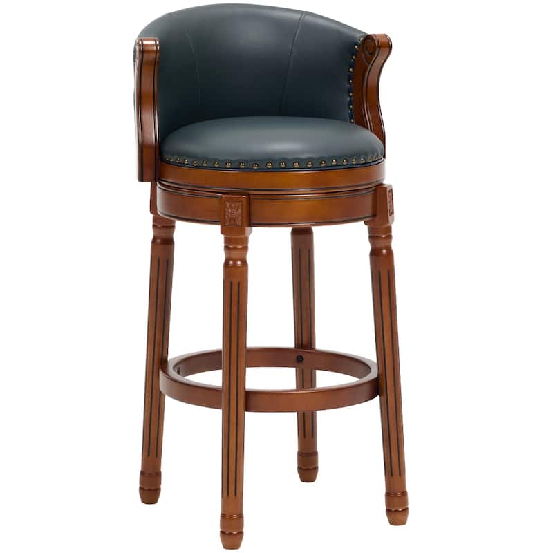 Cow Print Leather Swivel Bar Stool with Back, Wooden Frame & 360-Degree Spin, Bar Height, Dark Blue