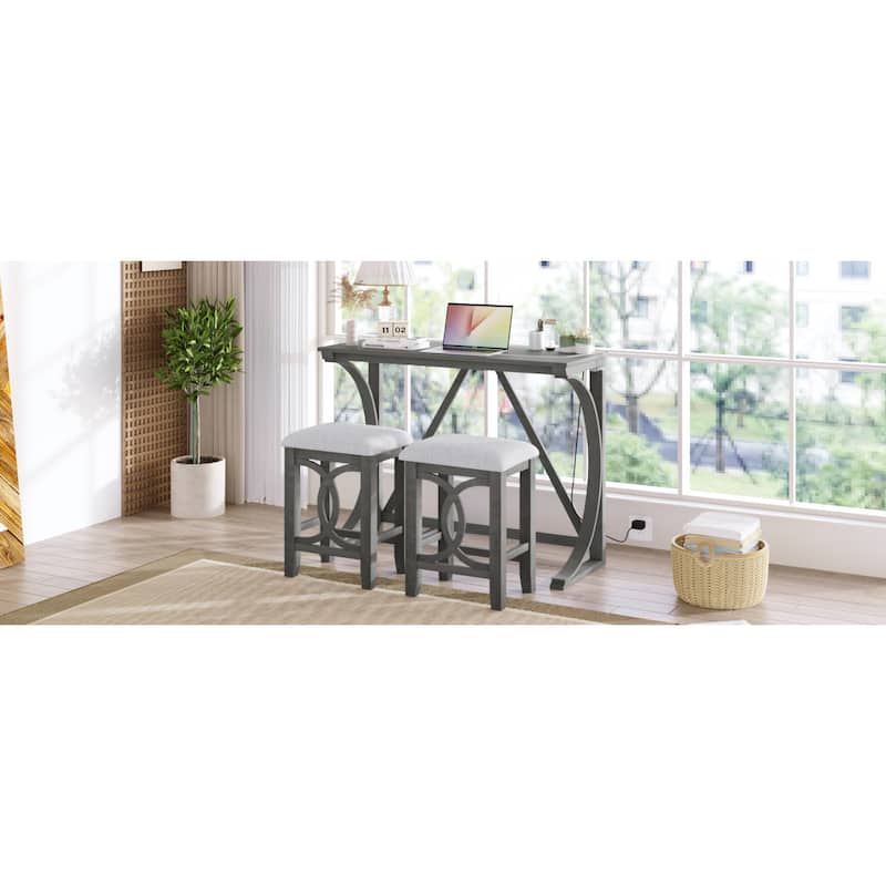 Roomfitters 3-Piece Counter Height Dining Table Set with USB Port, Farmhouse Console Table with 2 Stools