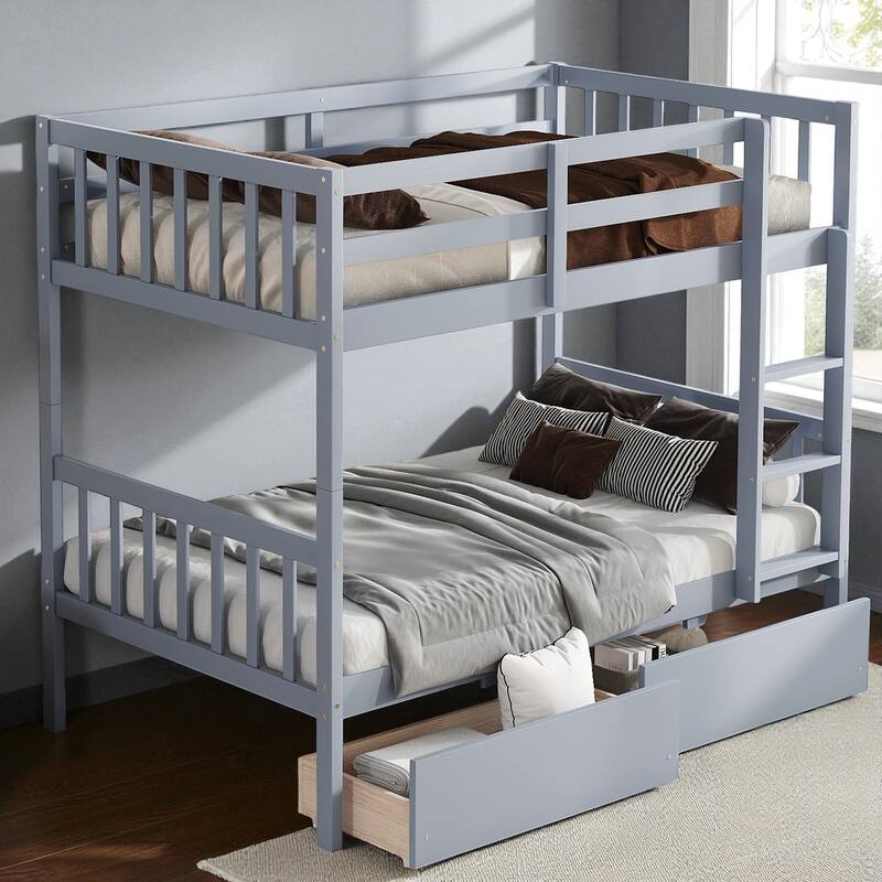 Twin Over Twin Rubber Wood Bunk Bed with 2 Drawers, Convertible into 2 Twin Beds, Ladder and Safety Guardrails - Grey - Twin