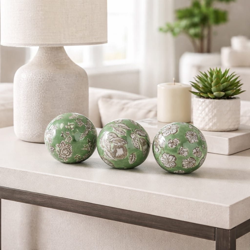 Objects Set of 3 - Green/White Ceramic Chinoiserie Orb, 5 in - 5.0"