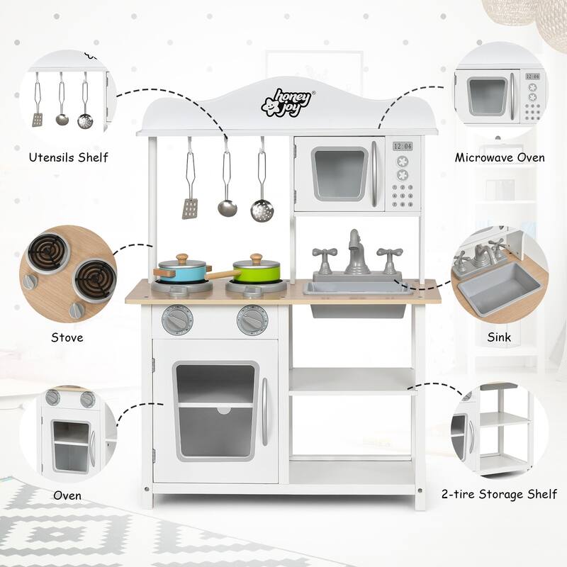 Wooden Pretend Play Kitchen Set for Kids with Accessories and Sink - 23.5" x 12" x 32.5" (L x W x H)