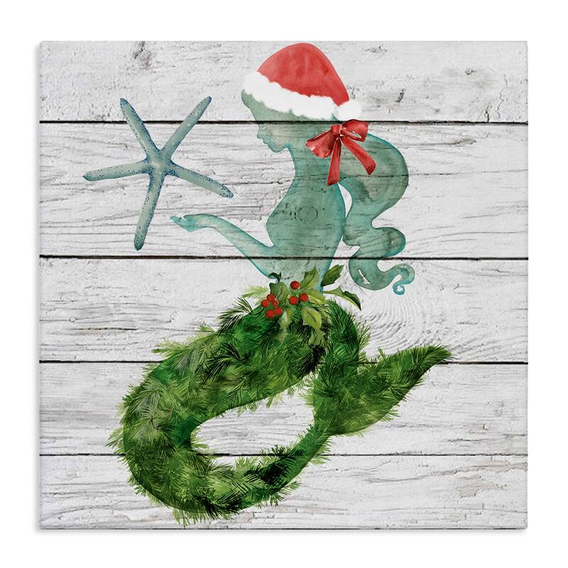 Stupell Christmas Mermaid Winter Holly Floral Pine Canvas Wall Art - 17 x 17