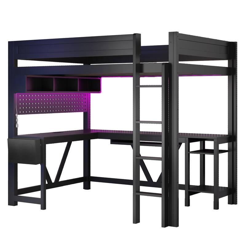 Full Size Gaming Loft Bed with Built-in Desk, LED Lights, Charging Station & Storage Shelves, Black