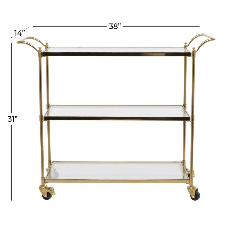 Brass Metal Rolling 3 Glass Shelves Bar Cart with Lockable Wheels