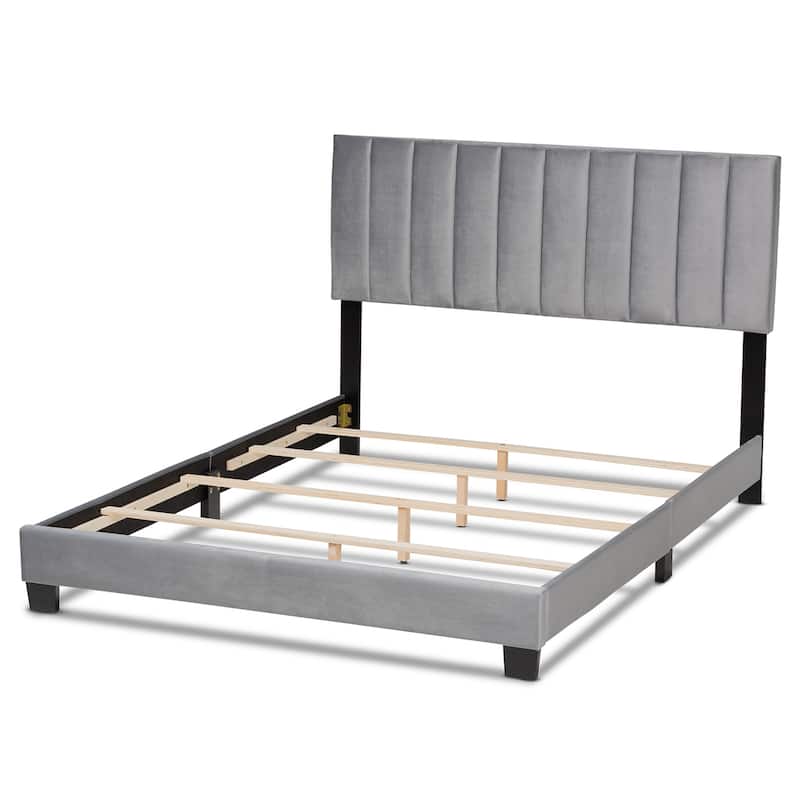 Grey Velvet Queen Panel Bed with Channel Tufted Headboard and Modern Glam Style