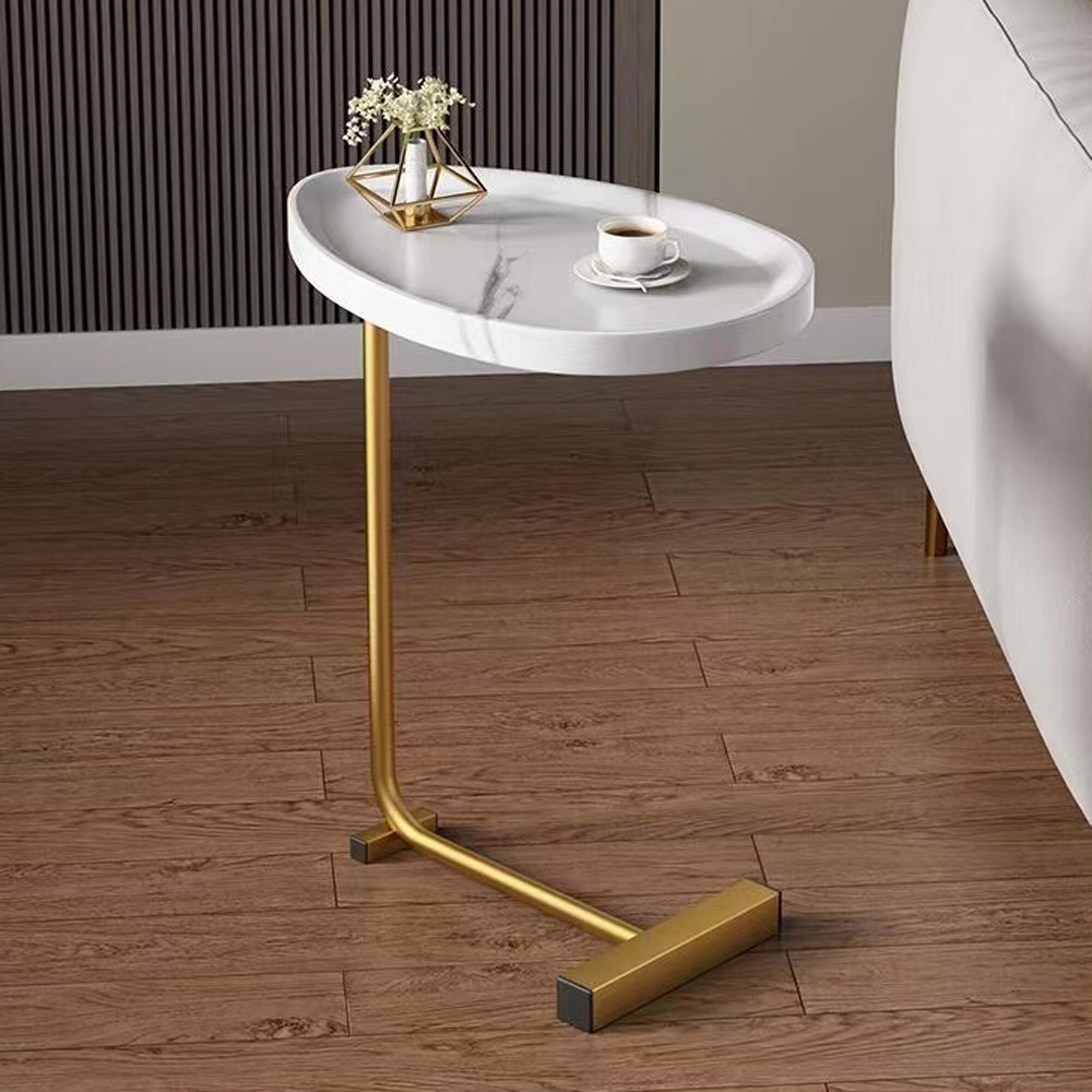 Industrial Style Unique Design C Shape Side Table with Wood Top