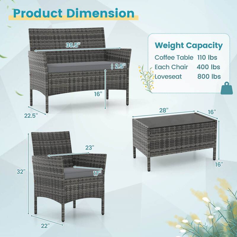 Gymax Set of 4 Furniture Set w/ Washable Cushions & Tempered Glass