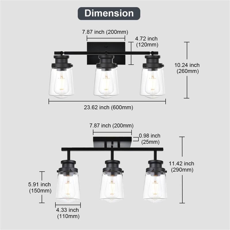 3-Light Black Wall Sconce with Clear Glass Shades