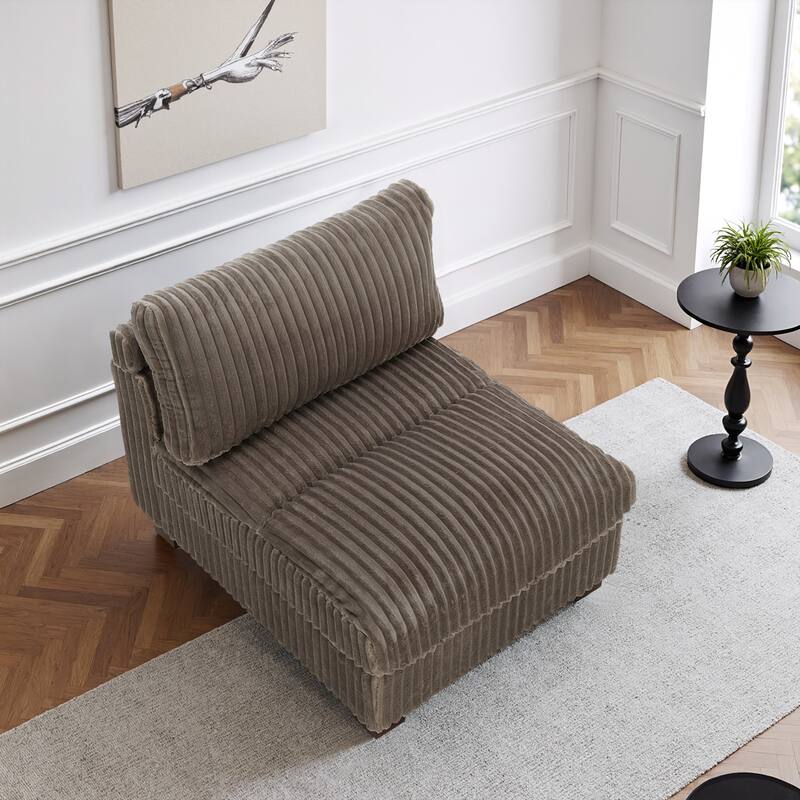 33" W Plush Corduroy Armless Chair Sectional Module with Pillows - Light Brown