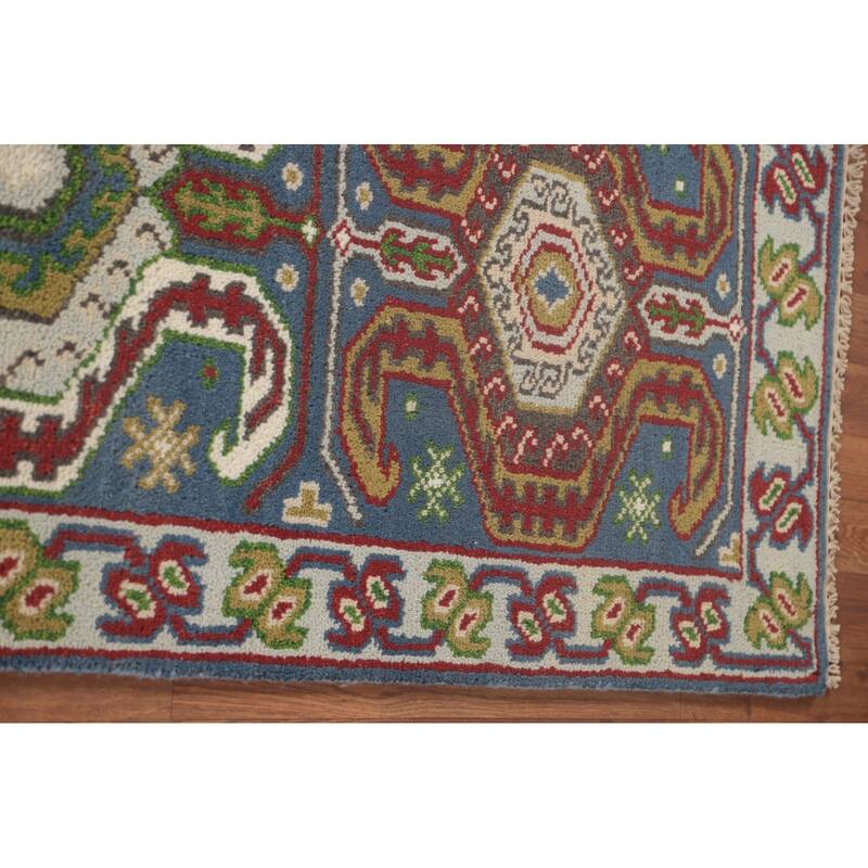 Geometric Blue Kazak Oriental Runner Rug Handmade Wool Carpet - 2'7"x 10'1"