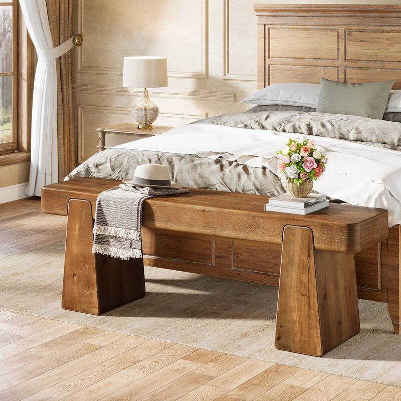 47 Inch Solid Wood Entryway Bench with Storage Shelf, 2 Tier Shoe Rack, Indoor Rustic Hallway Bench for Dining Room, Bedroom