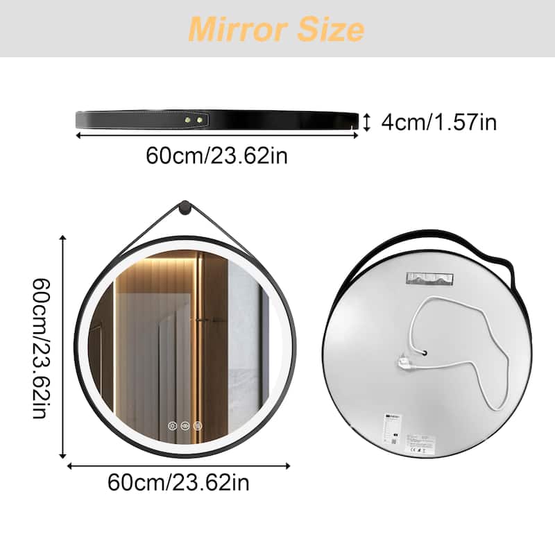 Round Black Framed Bathroom Mirrors Vanity Lighting with Microfiber Leather Hanging Strap