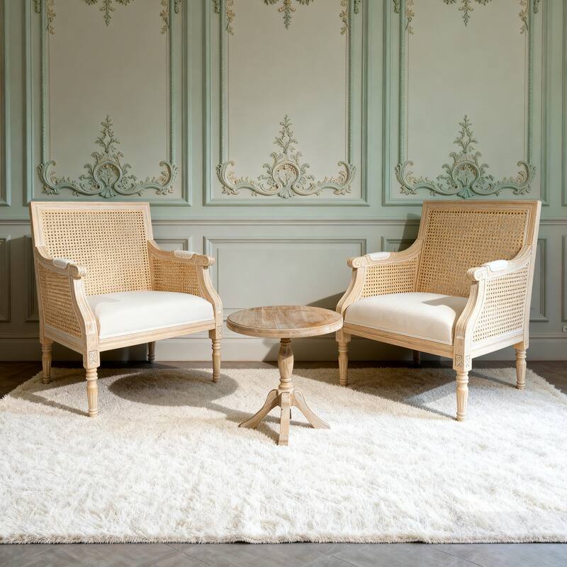 GDFStudio - Classic French Traditional Cotton Linen Upholstered Accent Armchair with Rattan Backrest & Contoured Armrests