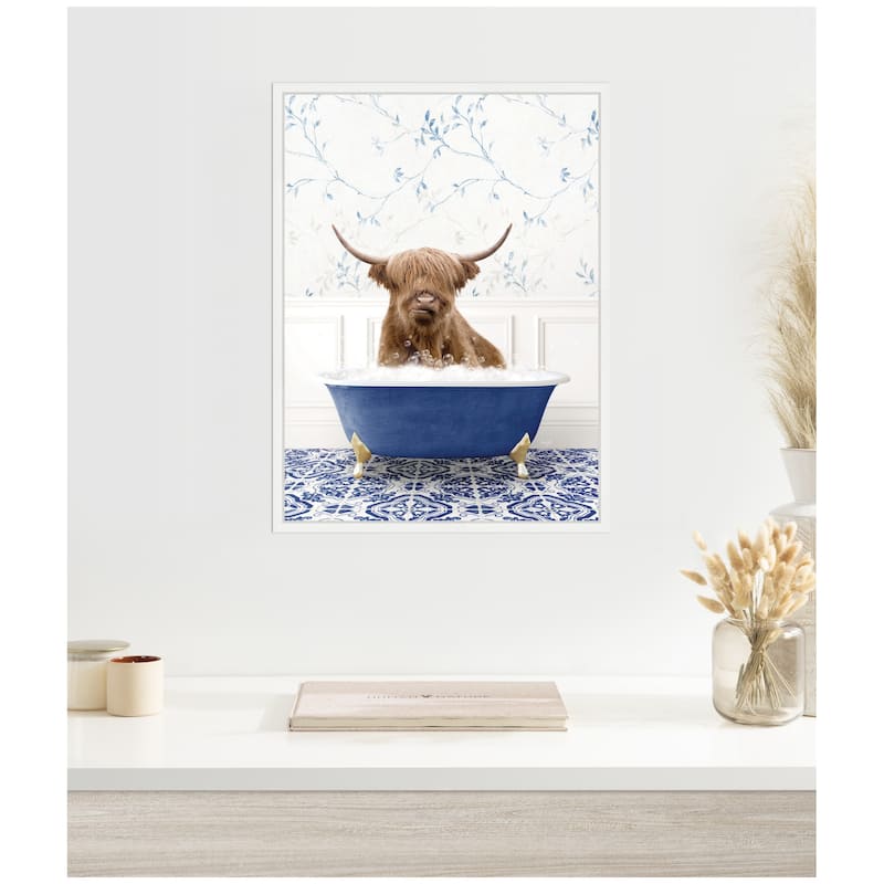 Kate and Laurel Sylvie Highland Cow in Eclectic Blue Bathtub Framed Canvas by Amy Peterson