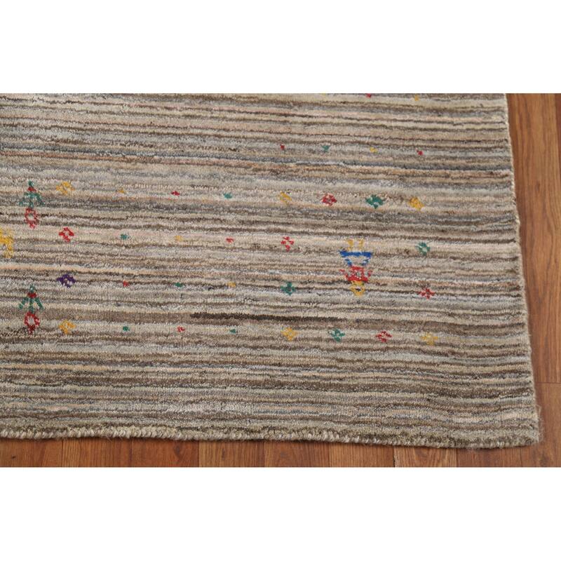 Striped Gabbeh Indian Area Rug Hand-Knotted Oriental Beige Wool Carpet - 4'11"x 7'11"
