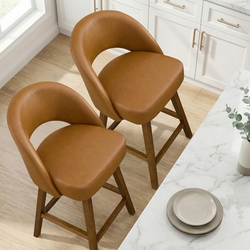 Upholstered Swivel Counter Height Bar Stools with Cutout Back and Solid Wood Frame - 38.2"H x 22.1"W x 23.6"D