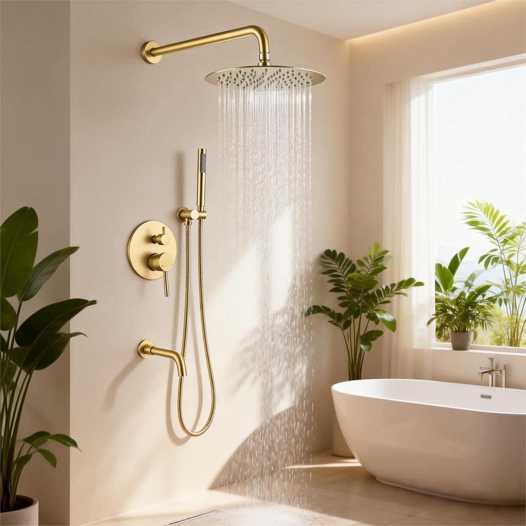 Luxury Gold Rain Shower Head with High Pressure Handheld Shower Head & Hose & 360 degree Rotatable Bathtub Faucet