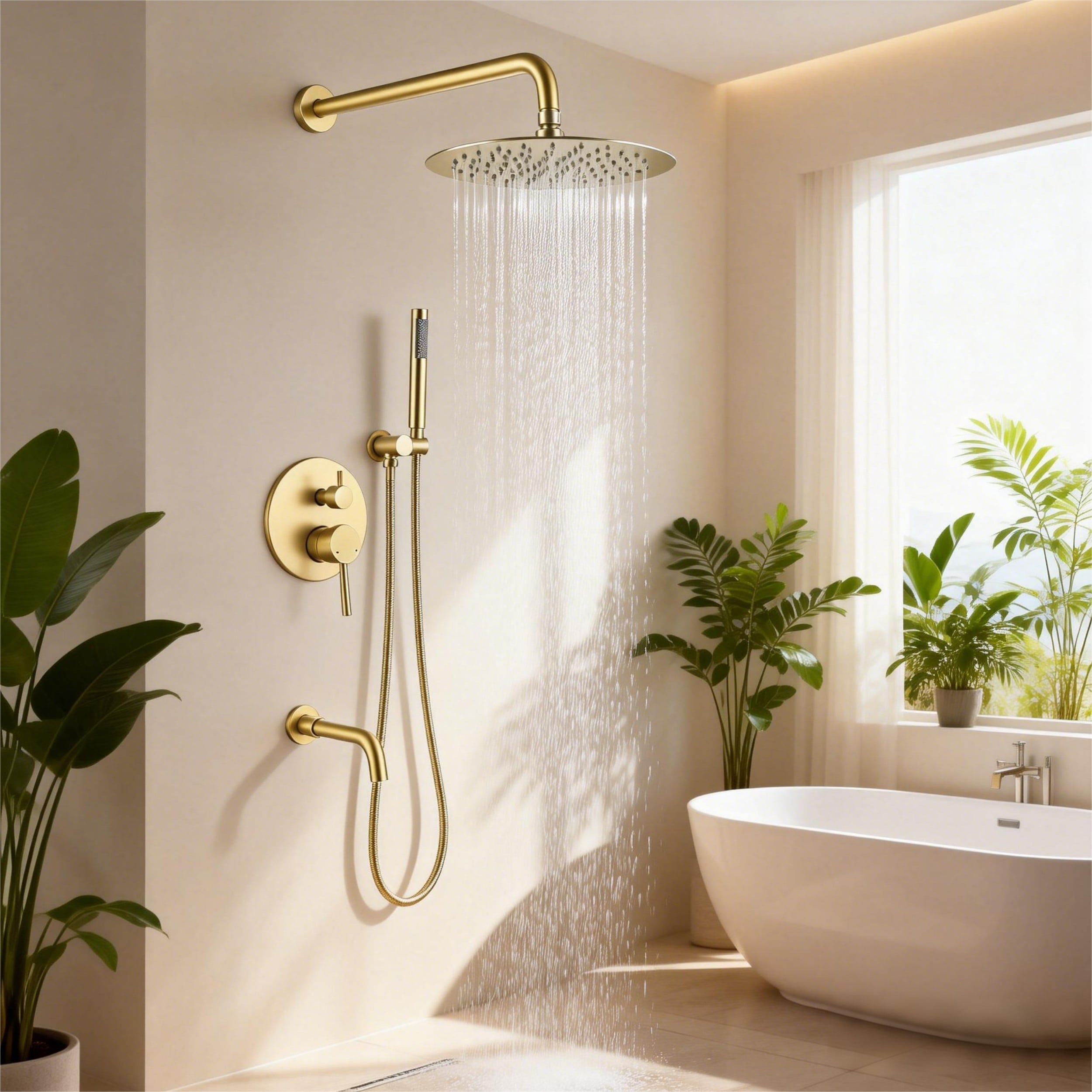 Modland 10" Brushed Gold Shower Faucet Set with 360 Swivel Tub Spout & High-pressure Handheld & Hose