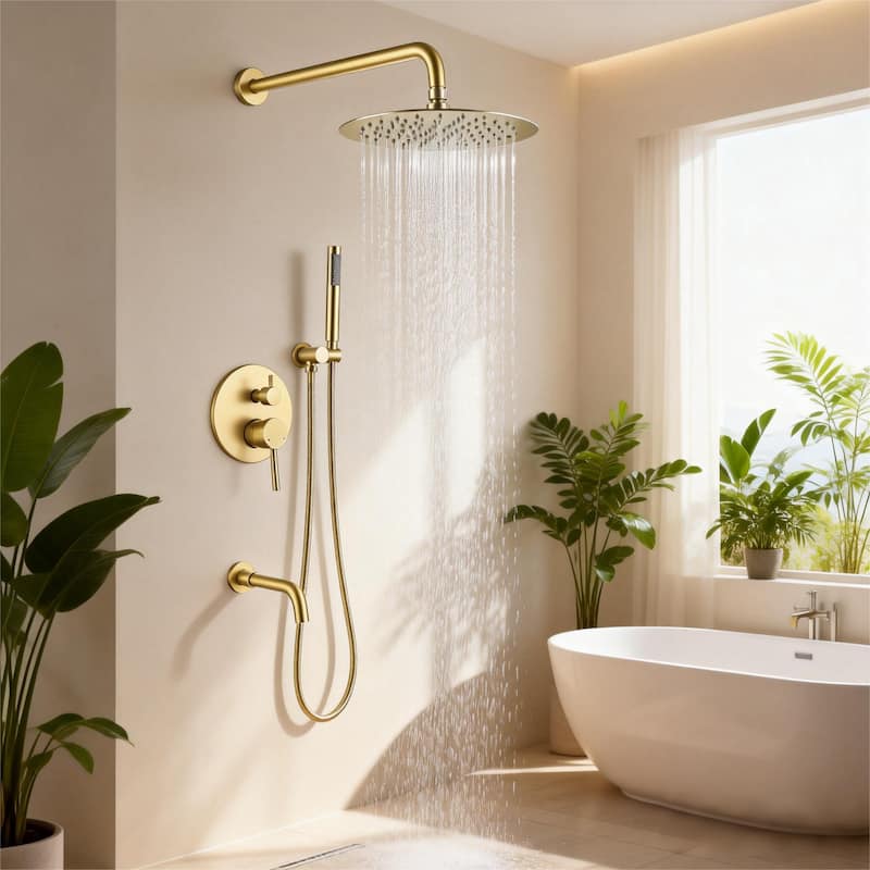 Luxury Gold Rain Shower Head with High Pressure Handheld Shower Head & Hose & 360 degree Rotatable Bathtub Faucet
