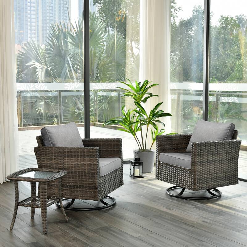 OVIOS 3-piece Patio Wicker Swivel Rocking Chairs Set - Dark Grey