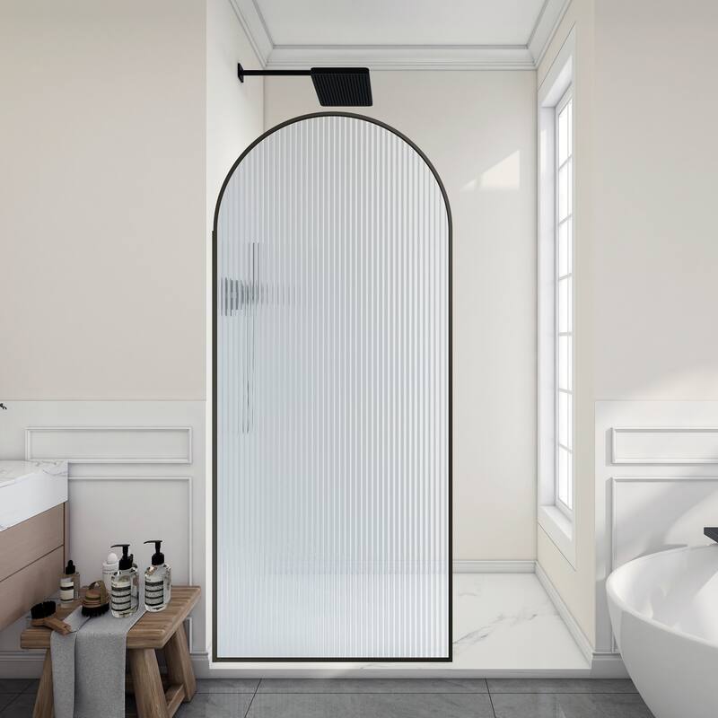 Ember Series 34 in. W x 78 in. H Fixed Framed Shower Door in Black, Gold or Nickel Finish with Clear or Fluted Glass