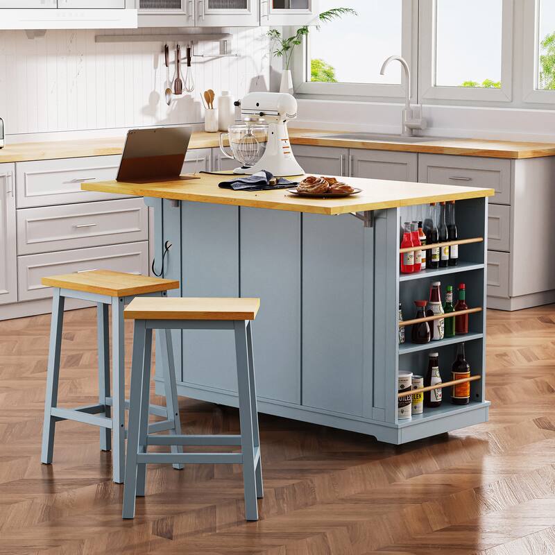 Large Kitchen Island with 2 Bar Stools, Power Outlet, Kitchen Storage Cart with Drop Leaf, 5 Open Side Racks, 3 Drawers