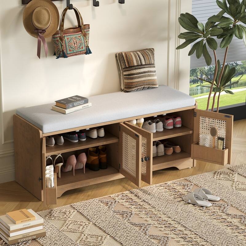 Rustic 47.4" Storage Bench Multifunctional Wooden Entryway Organizer with Removable Cushion and Rattan Doors