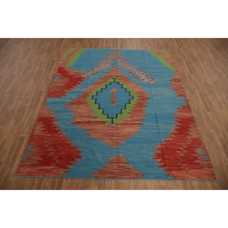 Hand Woven Oriental 100% Wool Carpet Southwestern Modern Navy Blue & Blues Kilim Area Rug - 10' 1'' X 8' 0''
