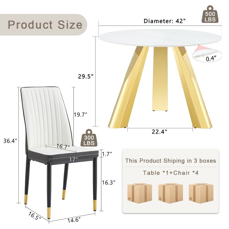 A 42-Inch Round Dining Table With Cast Iron Base And Stainless Steel Legs, Paired With Four White-Gray Striped Dining Chairs