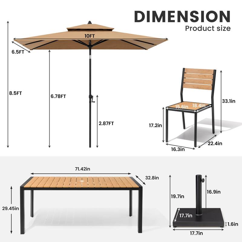 9/11-Piece Outdoor Dining Set w/10 ft Umbrella and Base Aluminum Dining Table and Stackable Chairs