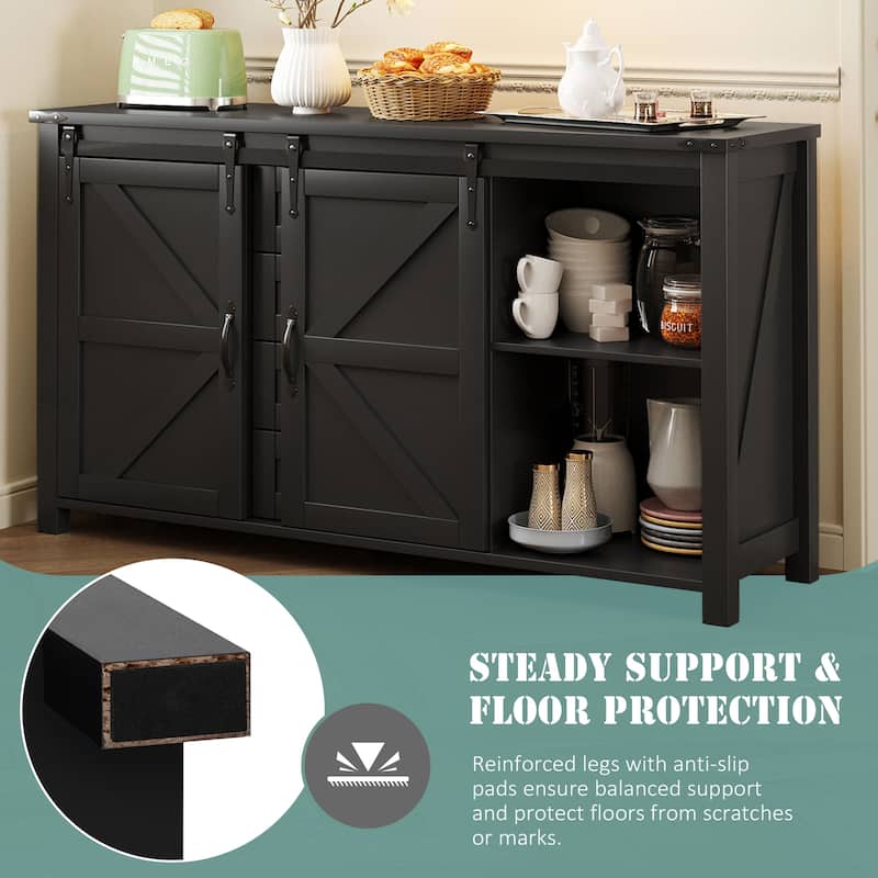Sideboard with Sliding Barn Doors & 4 Storage Drawers, Wood Buffet Cabinet Table with Power Outlet & Adjustable Shelves