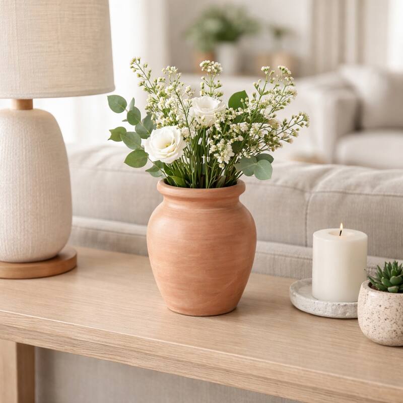 Decorative Round Pottery Vase - Rustic Boho Flower Vase - Brown - 6.25"