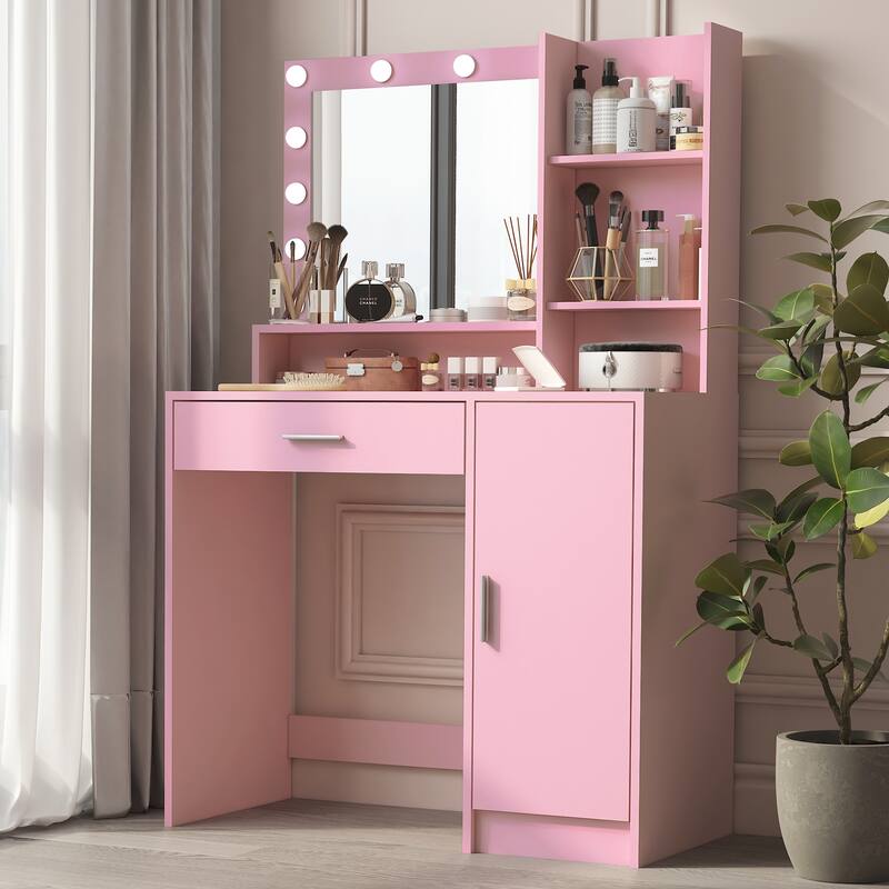 Vanity Desk with Mirror and Lights, Makeup Vanity with Drawer and Storage Shelves, Dressing Table with 3 Lighting Modes