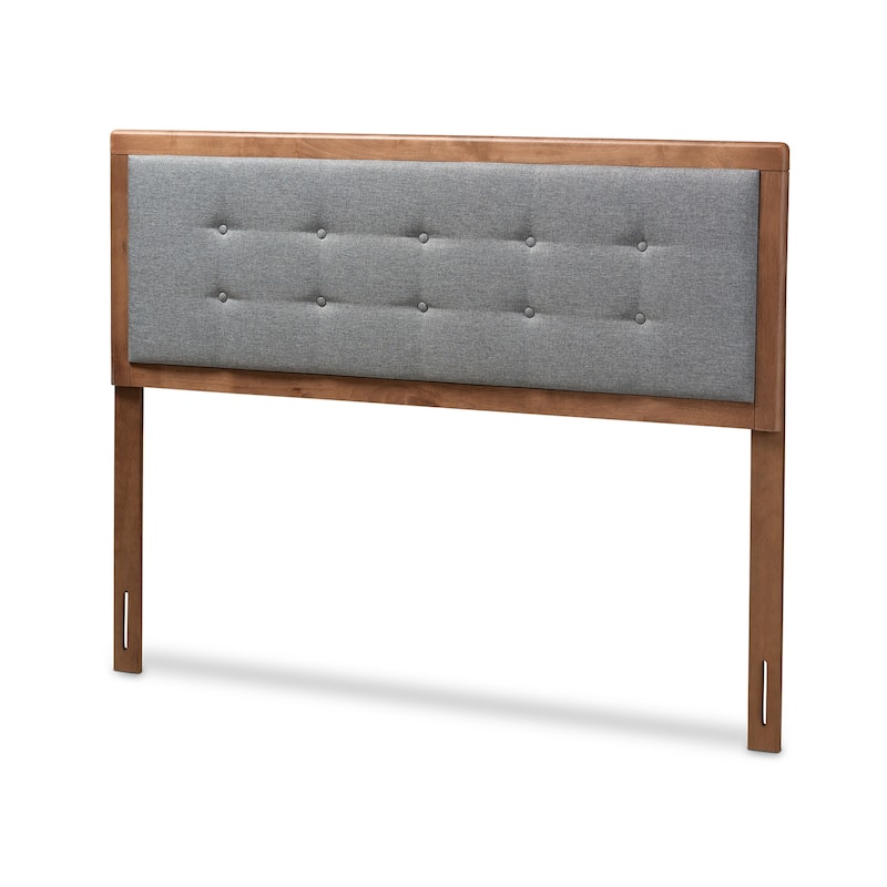 Mid-Century Modern Dark Grey Fabric Upholstered Walnut Brown Wood Queen Size Headboard with Retro Charm