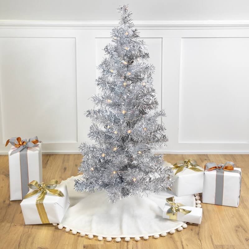 Pre-Lit Artificial Tinsel Christmas Tree - 3' - Silver - Clear Lights - 3 Foot
