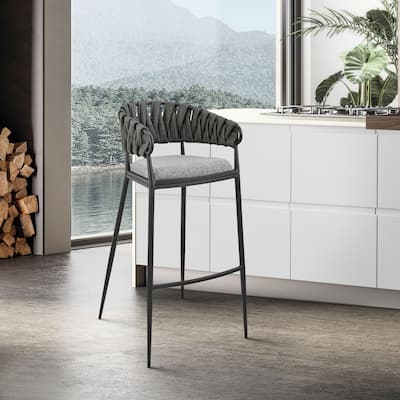 Giovanni Gray Faux Leather and Black Metal Bar or Counter Height Barstool with Arms and Curved Back