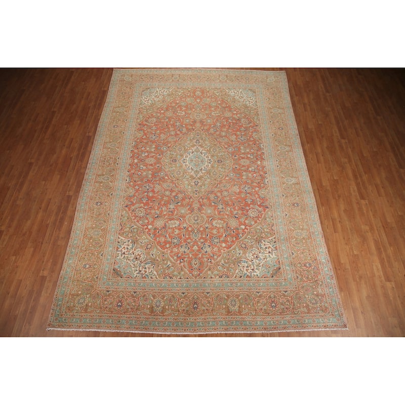 Hand Knotted Oriental 100% Wool Carpet Traditional Floral Oranges & Rust Mashad Area Rug - 13' 3'' X 9' 4''