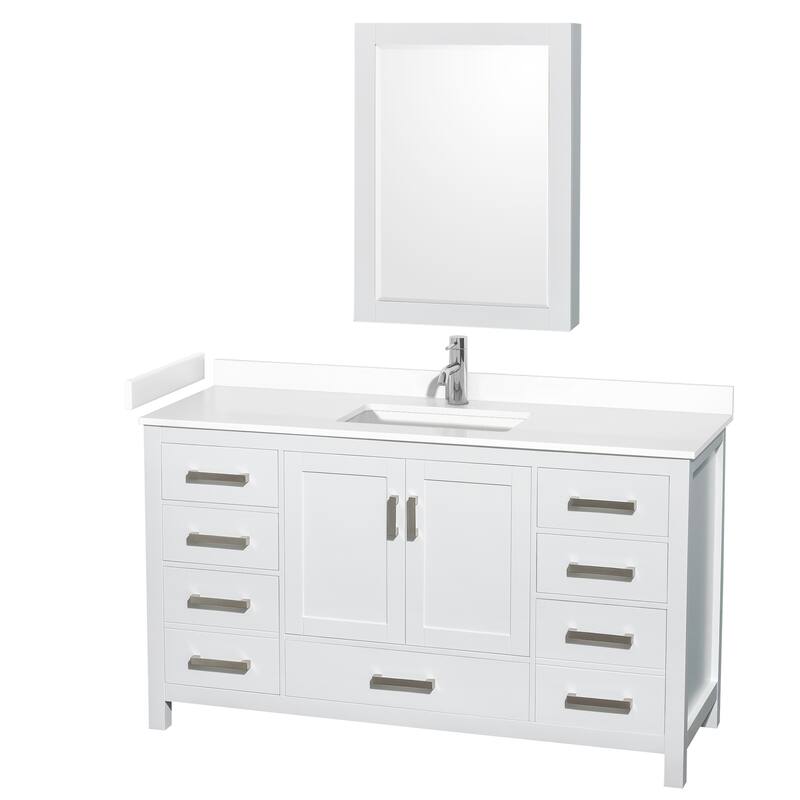 Sheffield Single Bathroom Vanity Set, Cultured Top, Medicine Cabinet - 60-Inch Single - White, White Cultured Marble Top, Chrome Trim
