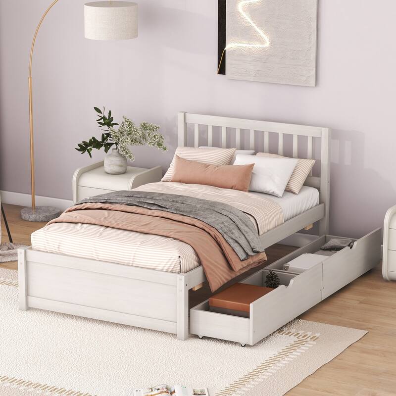 White Twin Wood Platform Bed with Storage Drawers, Contemporary Design, No Box Spring Needed