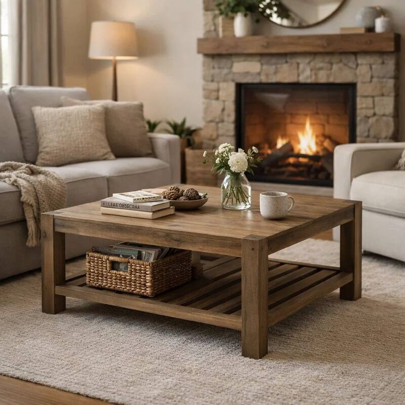 Cyon 42 Inch Square Coffee Table, Washed Gray and Brown Wood, Open Shelf