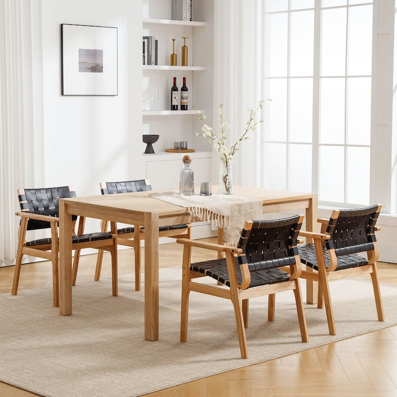Woven Leather Dining Chairs with Solid Wood Frame - 29.7"H x 21.7"W x 22.8"D