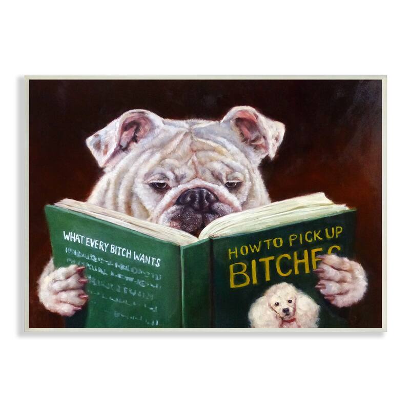 Stupell White Bulldog Funny Humor Reading Book Wood Wall Art - Green