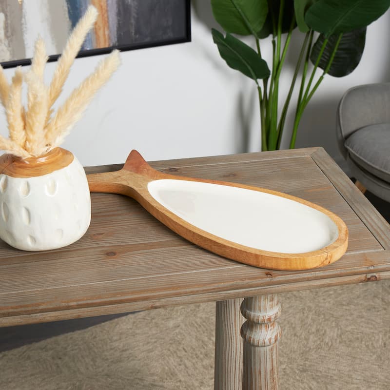 Mango Wood Fish Tray with White Enameled Interior - Brown - Roche River Decor - 8"W x 20"L x 1"H