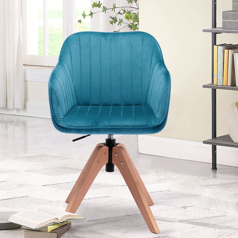 Modern Velvet Tufted Dining Armchair with Swivel and Solid Wood Legs Upholstered Accent Seat - 34.84”H x 16.53”W x 16.53”D