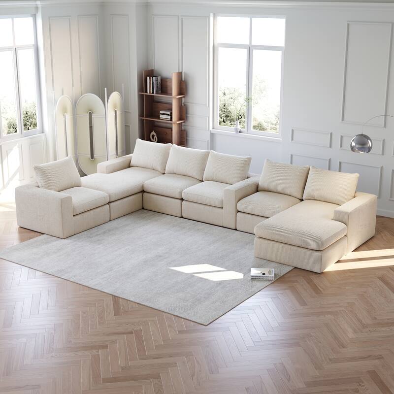 L-shaped Sectional Sofa Set of 2 Corduroy Upholstered Cloud Modular Couch with Chaise Free Combination Sectional Sofa Set - Beige