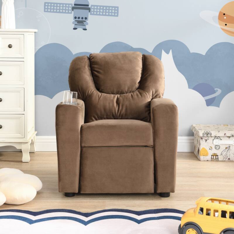 Kids Recliner Chair, Kids Upholstered Couch with One Cup Holder, Footrest, Backrest, Toddlers Velvet Recliner