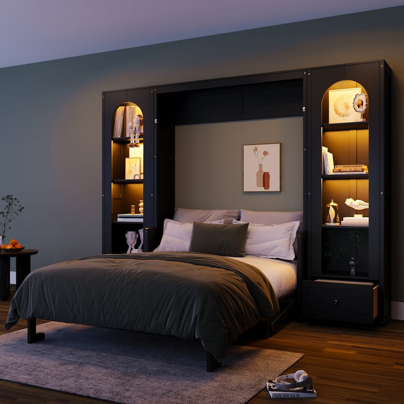 Queen Size Murphy Platform Bed with Shelf, Side Cabinets, Drawers and LED