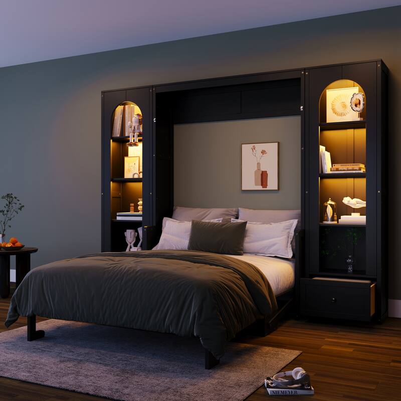 Queen Size Murphy Platform Bed with Storage Space and LED Lights by Harper&Bright Designs
